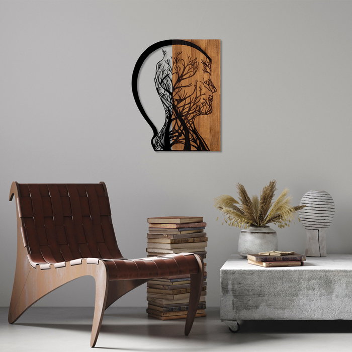 Wallity Tree Man - Escultura de pared de madera y metal en nogal y negro